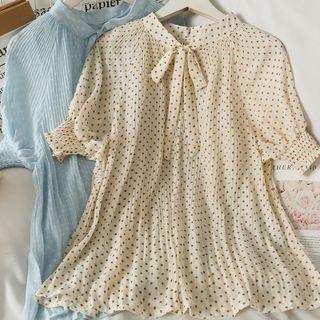 Ribbon-neckline Bubble-sleeve Dotted Loose Top
