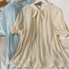 Ribbon-neckline Bubble-sleeve Dotted Loose Top