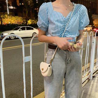 Short-sleeve Gingham Shirred Cropped Blouse Gingham - Blue - One Size