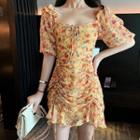 Short-sleeve Tie-waist Floral Drawstring Dress As Shown In Figure - One Size