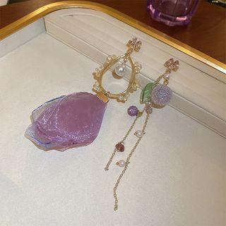 Lace Rhinestone Faux Pearl Asymmetrical Dangle Earring 1 Pair - Asymmetric - Gold & Purple & Green - One Size