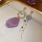 Lace Rhinestone Faux Pearl Asymmetrical Dangle Earring 1 Pair - Asymmetric - Gold & Purple & Green - One Size