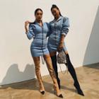 Zip-up Denim Bodycon Dress Blue - S