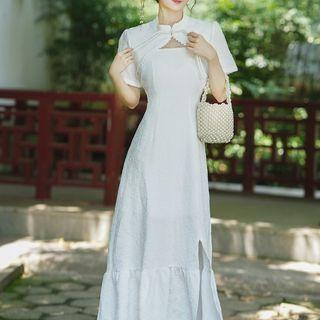 Set: Spaghetti-strap Maxi A-line Dress + Short-sleeve Qipao Shrug
