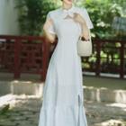 Set: Spaghetti-strap Maxi A-line Dress + Short-sleeve Qipao Shrug