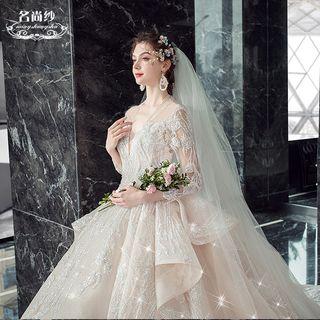 Embellished V-neck Long-sleeve Wedding Ball Gown