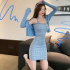 Cropped Cardigan / Plaid Spaghetti Strap Mini Sheath Dress