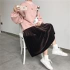 Plain Sweater / Velvet Midi Skirt