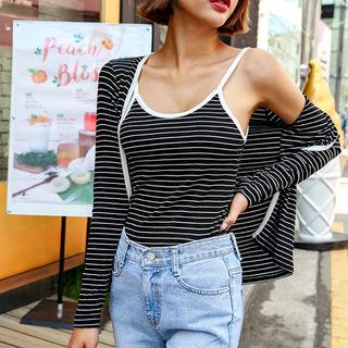 Set: Piped Striped Linen Blend Cardigan + Camisole Top