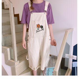 Embroidered Flower Worker Pants White - One Size