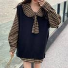 Peter Pan Collar Plaid Long-sleeve Shirt / Plain Side-slit Vest