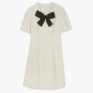 Short-sleeve Double-breasted Bow Sheath Dress