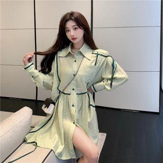 Long-sleeve Midi Shirt Dress Grass Green - One Size