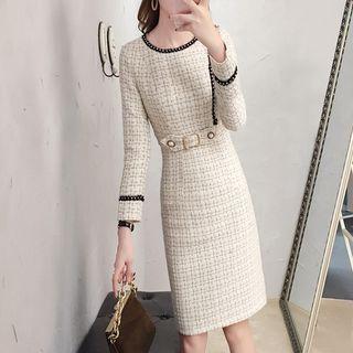 Back Slit Long-sleeve A-line Tweed Dress