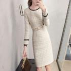Back Slit Long-sleeve A-line Tweed Dress