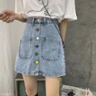 Rainbow Button-up Denim A-line Skirt