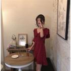 Flower Print Flared-sleeve A-line Dress Red - One Size