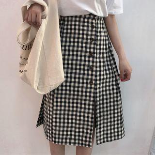 Plaid Buttoned Slit-front A-line Skirt