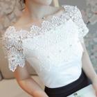 Faux Pearl Lace Panel Off-shoulder Short-sleeve Top