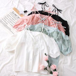 Off-shoulder Lace-panel Plain Shirt