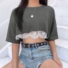 Elbow-sleeve Lace Panel Cropped T-shirt