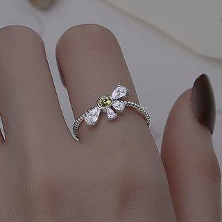 Layered Rhinestone Flower Ring 2 Pcs - Silver - Size 14