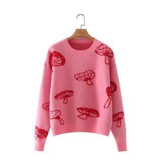 Long Sleeve Mushroom Print Loose-fit Sweater Pink - One Size