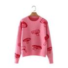 Long Sleeve Mushroom Print Loose-fit Sweater Pink - One Size