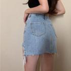 High-waist Asymmetrical Frayed Denim Mini Skirt