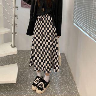 Checkerboard Midi A-line Skirt Black & White - One Size
