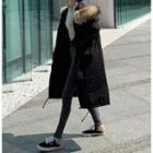 Drawstring-waist Faux Fur-trim Hooded Coat