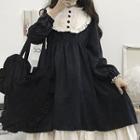 Balloon-sleeve Lace Panel A-line Layered Dress Black - One Size
