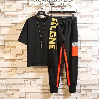 Set: Short-sleeve Lettering T-shirt + Color Block Harem Pants