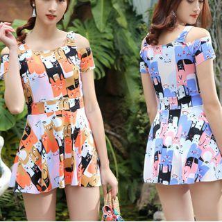 Cap-sleeve Cat Print Swimdress