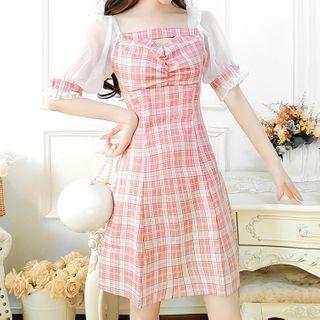 Puff-sleeve Plaid Slim-fit A-line Dress