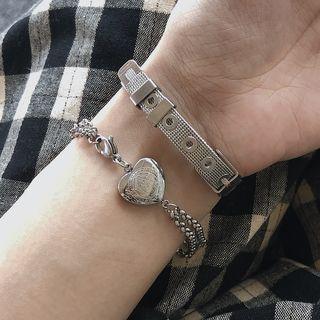 Set: Buckled Bracelet + Heart Bracelet Set - 0002a - Buckled Bracelet & Heart Bracelet - Silver - One Size