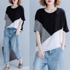 Striped Panel Elbow-sleeve T-shirt Black - One Size