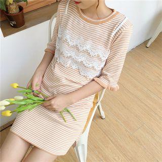 Lace Trim Striped Elbow Sleeve Knit Dress