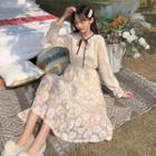 Long-sleeve Midi A-line Lace Dress Almond - One Size