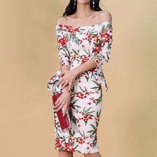 Off Shoulder Floral 3/4-sleeve Sheath Dress