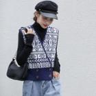 Mock-turtleneck Knit Top / Patterned Vest