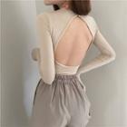 Plain Open-back Long-sleeve Slim-fit Top
