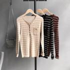 Striped Long-sleeve Ribbed Henley T-shirt