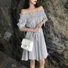 Puff-sleeve Smocked Striped A-line Dress