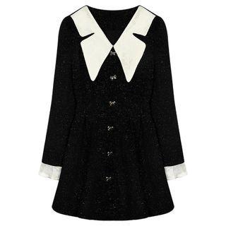 Flared-cuff Collared A-line Dress Black - One Size