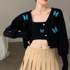 Set: Embroidered Long-sleeve Cardigan + Strap Top Black - One Size