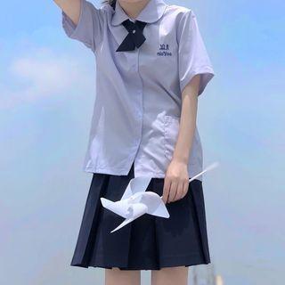 Elbow-sleeve Embroidered Shirt / Pleated Mini A-line Skirt