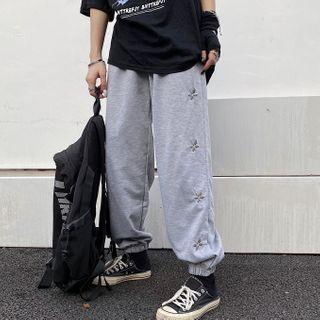 Elastic Cuff Flower Embroidered Sweatpants