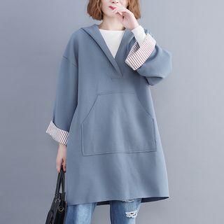 Striped Panel Hoodie Dress Light Blue - One Size