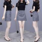 Set: Short-sleeve Cutout T-shirt + Gingham A-line Skirt